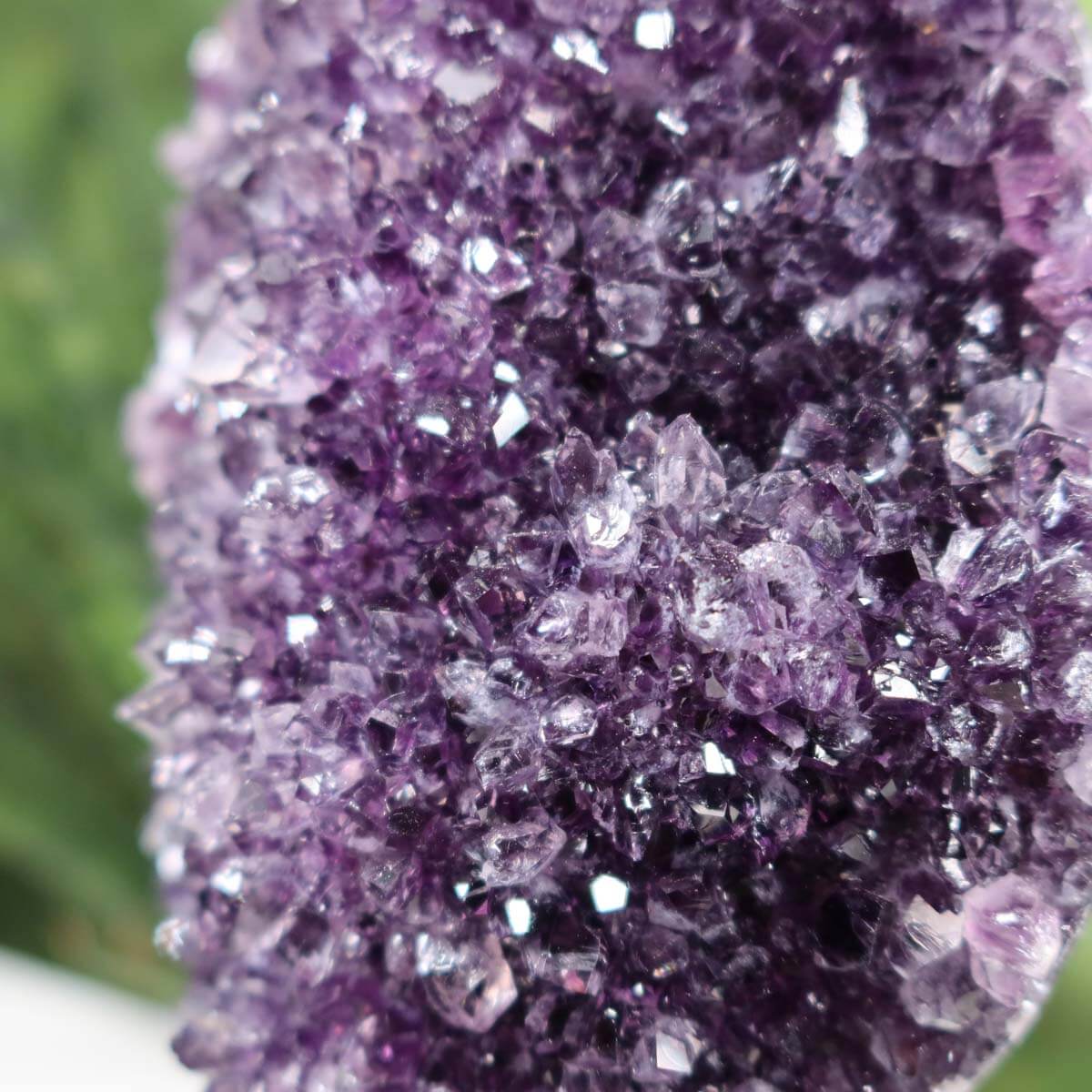 Dark purple Uruguay amethyst druse on metal stand with a pen for scale, showcasing intense sparkle and regular crystal formation.