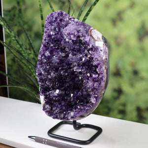 Dark purple Uruguay Amethyst Geode on metal stand displayed near window with lush greenery behind