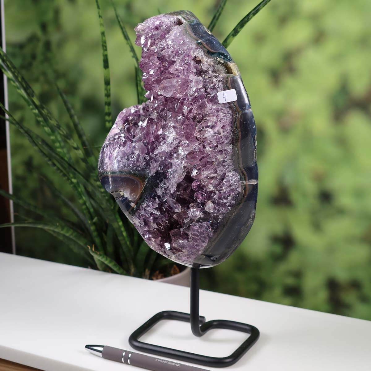 Dark purple Uruguay Amethyst geode on metal stand displayed on a white surface, sparkling intensely against a green background.