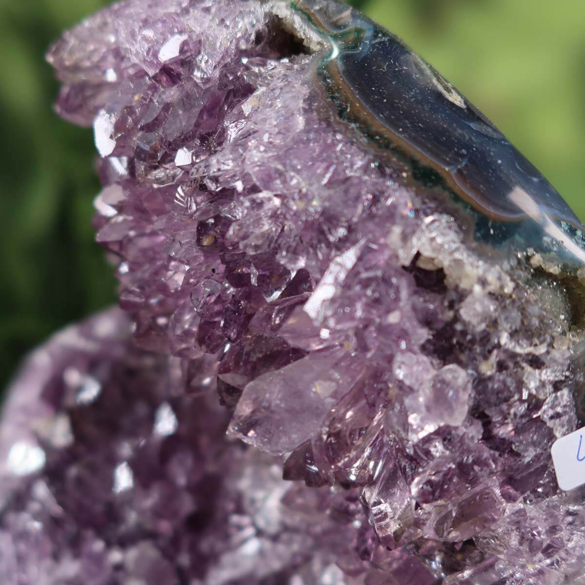 Close-up of a sparkling dark purple Uruguay Amethyst Druse with natural crystal formations and metallic stand visible.