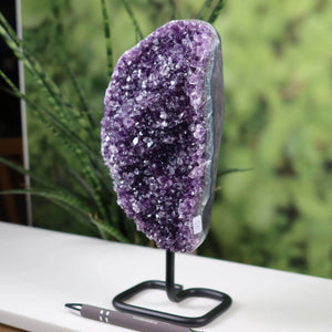 Dark purple Uruguay amethyst druse on metal stand displayed indoors with nature background