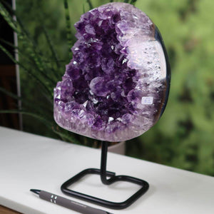 Dark purple Amethyst Drusen Geode from Uruguay on a black metal stand with natural backlight, enhancing its crystal sparkles.