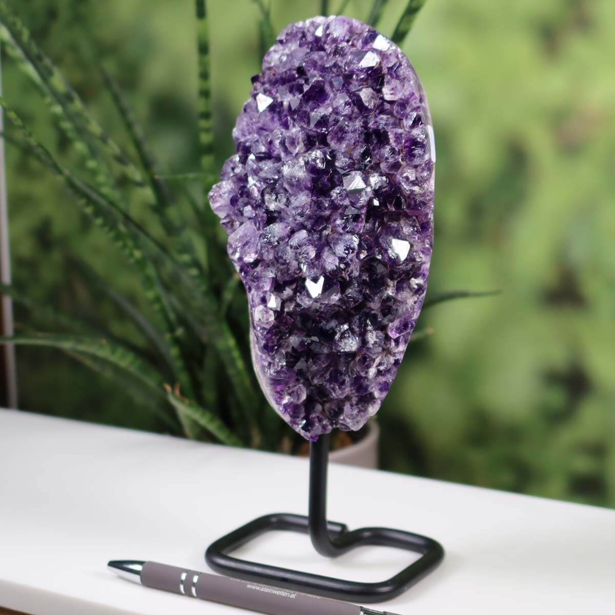 Amethyst Drusen Geode from Uruguay displayed on a metal stand, showcasing deep purple crystals, ideal for home decor.