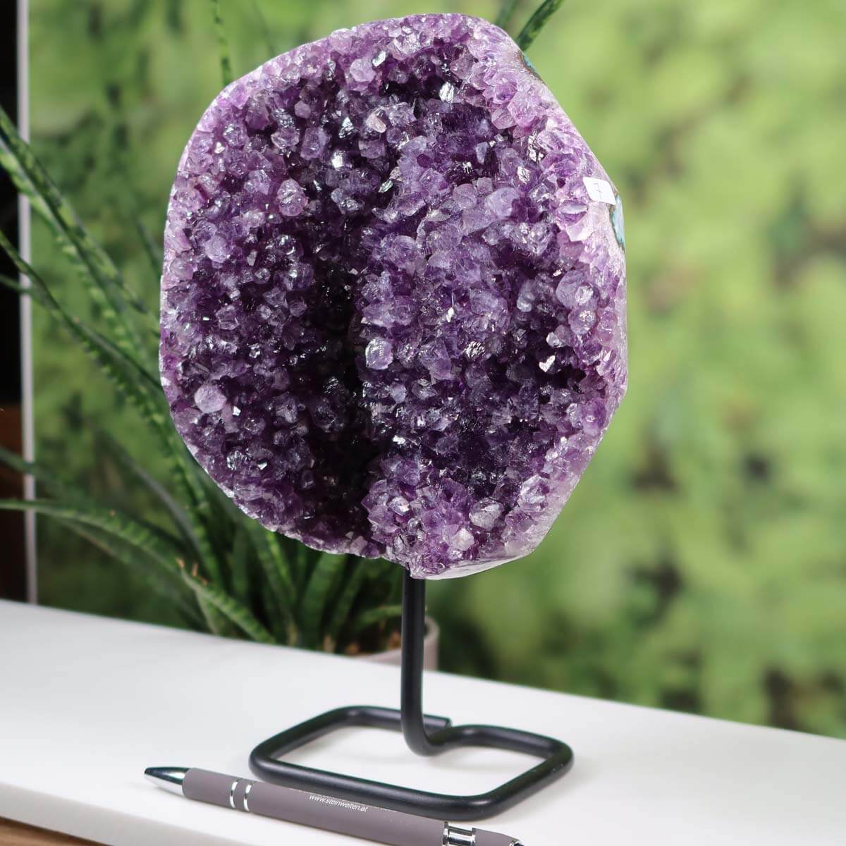 Amethyst Drusen Geode from Uruguay on metal stand, displaying dark purple crystals, enhancing home decor.