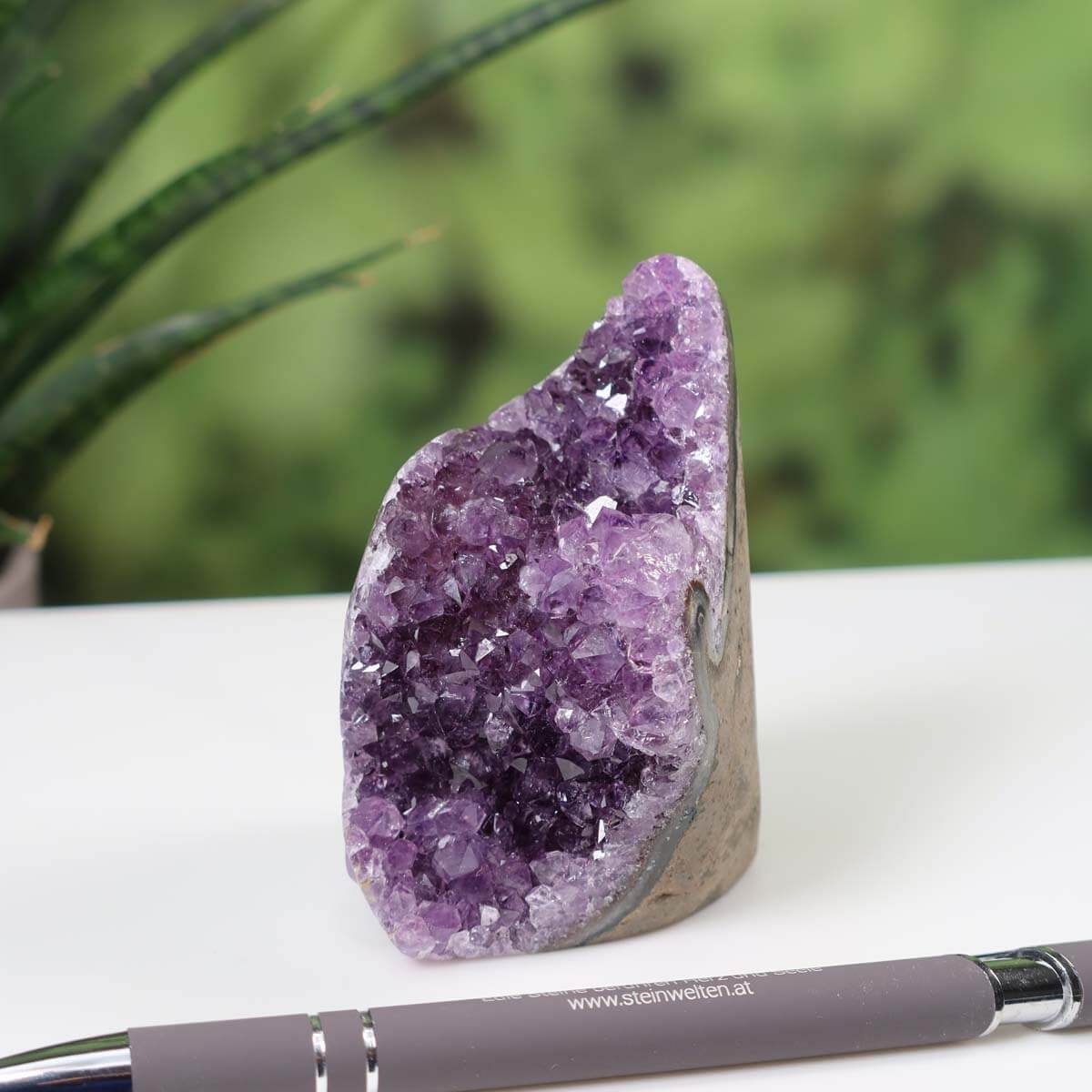 Uruguay Amethyst mini geode NR 14 with intense violet crystals on a white surface, pen for scale