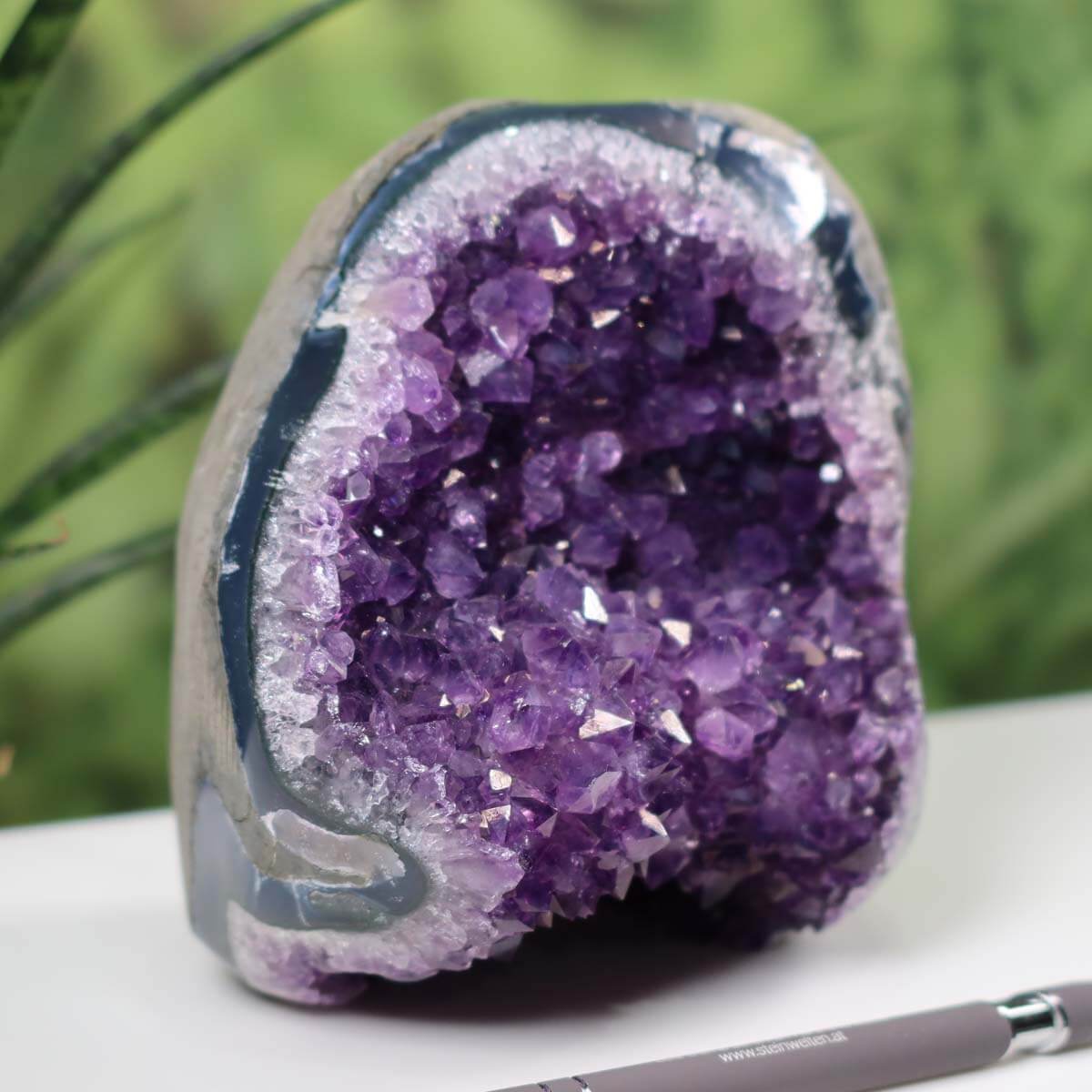 Intensely colored Uruguay Amethyst Mini Geode with dark purple crystals, displayed outdoors with a pen for scale