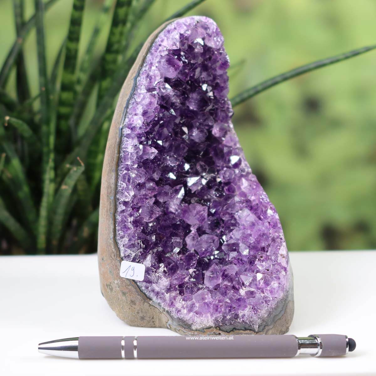 Intense purple Uruguay Amethyst mini geode with natural crystal formation, displayed outdoors with a pen for scale, unique piece number 19.