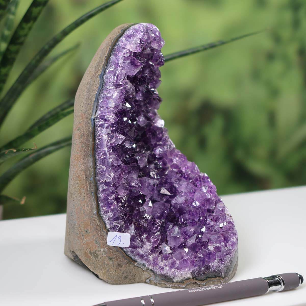 Uruguay Amethyst Mini Geode Nr 19 with deep purple crystals displayed outdoors alongside a pen for scale