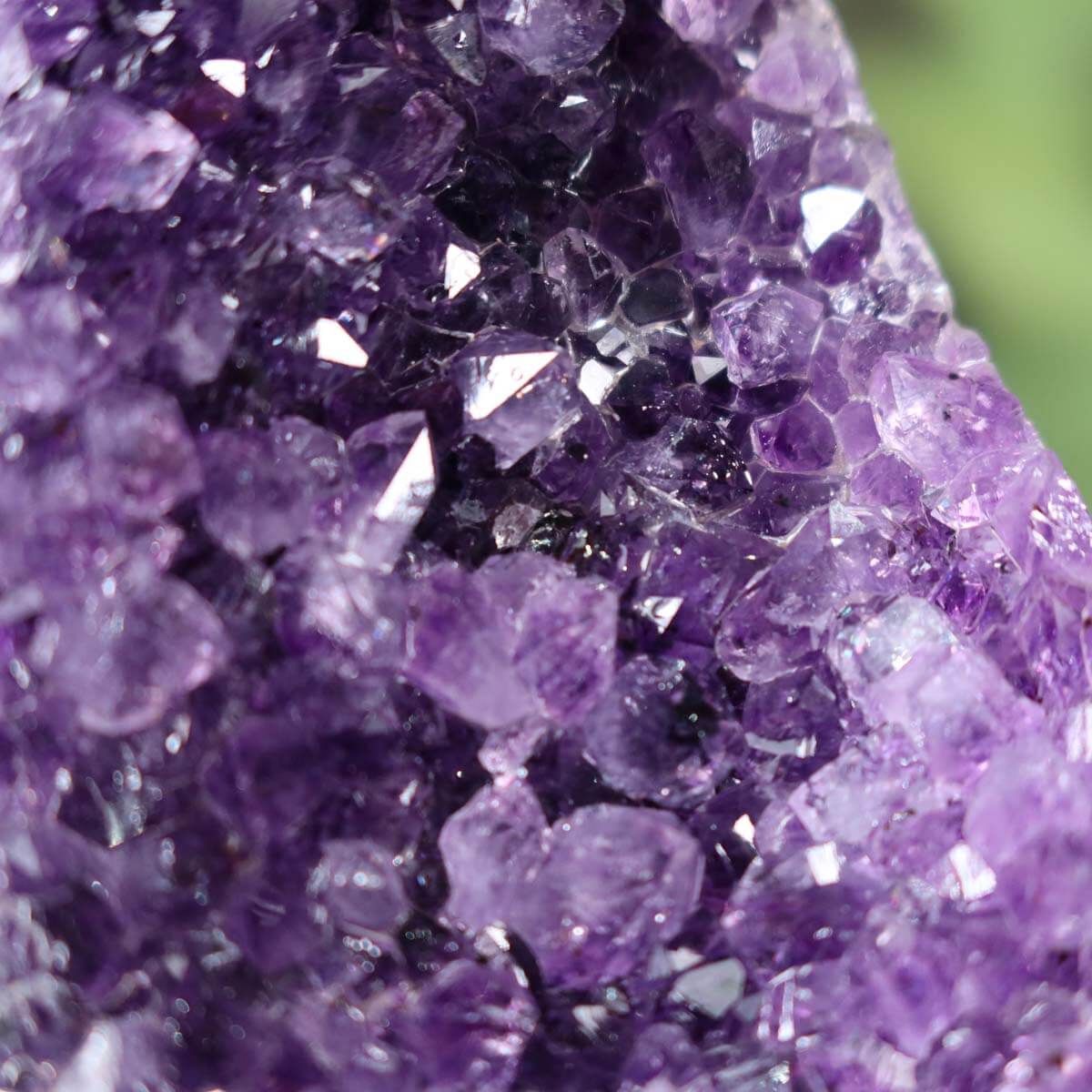 Close-up of an Uruguay Amethyst Mini Geode showcasing its deep purple crystals, Unikat NR 19.