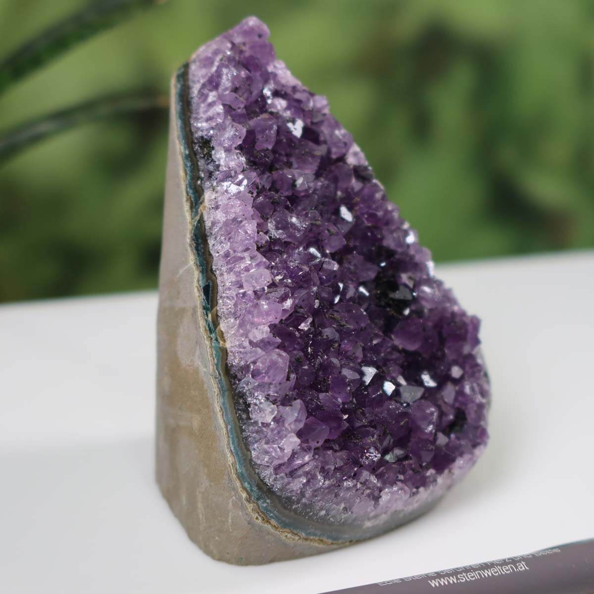 Uruguay Amethyst Mini Geode showing deep violet crystals, labeled as unique piece number 21, displayed on a white surface.