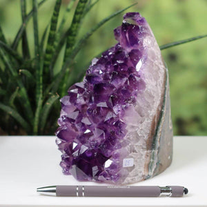 Intense purple Uruguay Amethyst mini geode with distinct crystal formation, labeled number 25, displayed with a pen for scale.