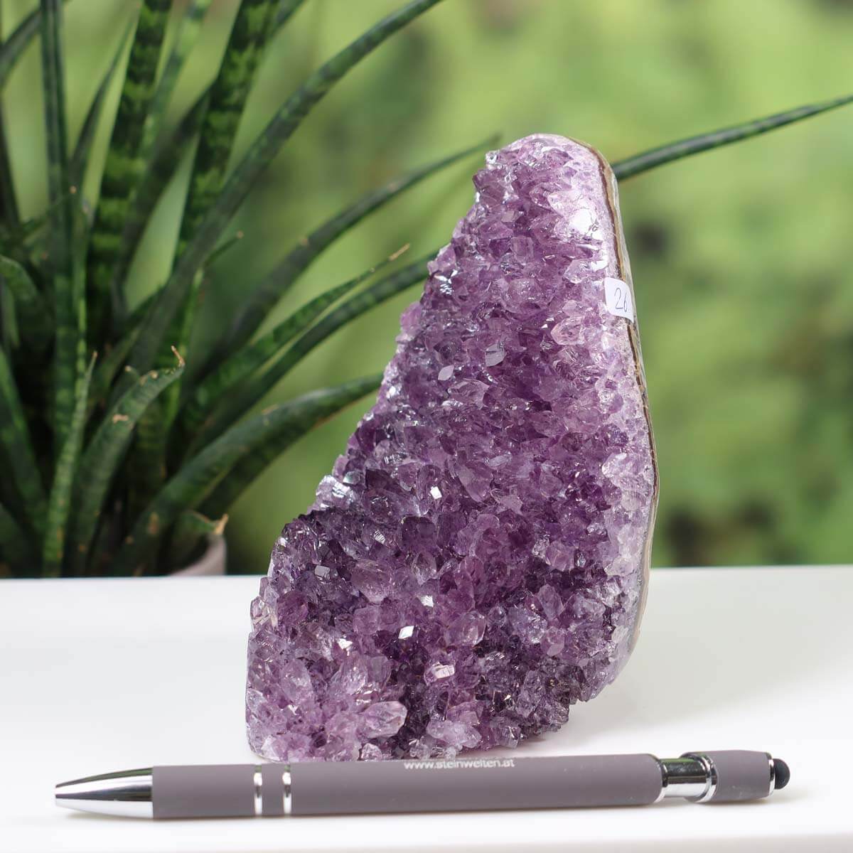 Intense violet Uruguay Amethyst Mini Geode number 26 displayed beside a pen on a white surface with plants in the background