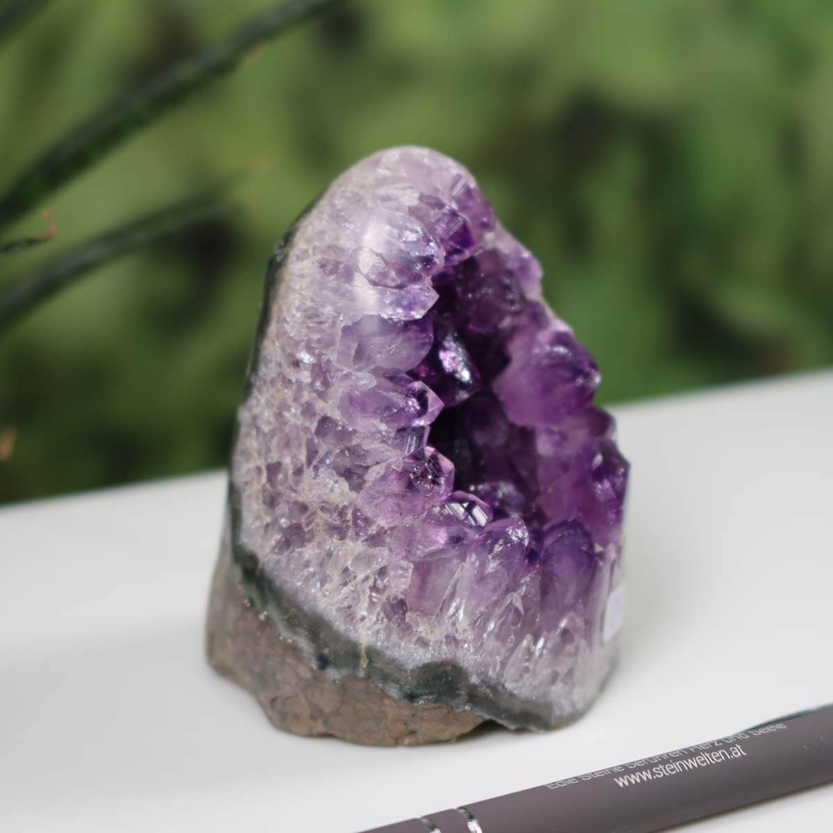 Intense purple Uruguay amethyst mini geode, unique piece number 27, displayed on a white surface with a pen and greenery in the background.