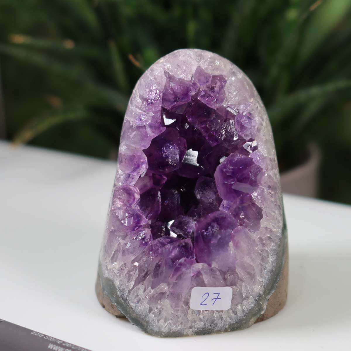 Intense purple Uruguay Amethyst mini geode with natural crystals, unique piece number 27.