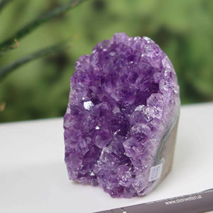 Deep violet Uruguay Amethyst mini geode with intensely colored crystals displayed against a green backdrop, marked as unique piece number 28.