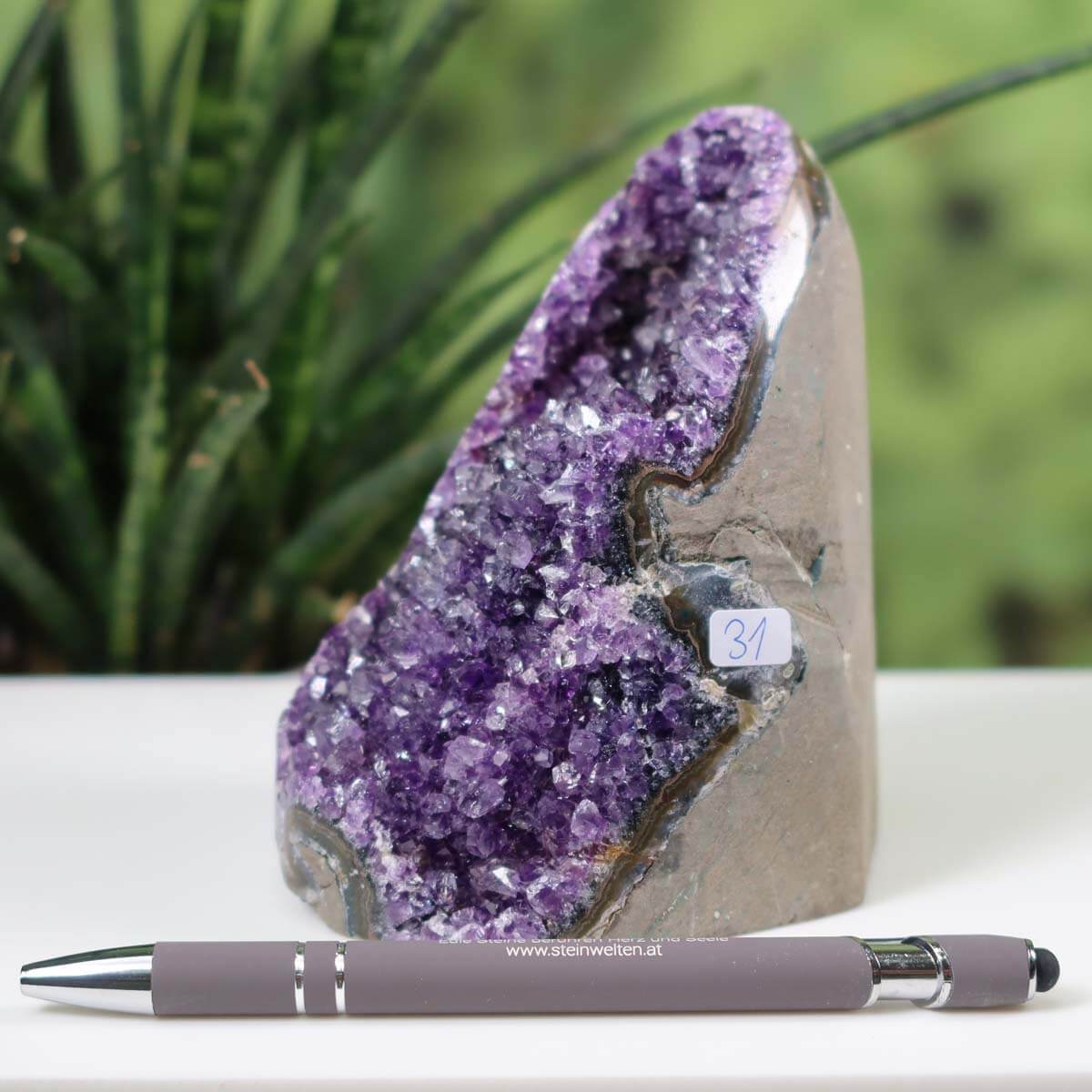 Uruguay Amethyst Mini Geode Unikat NR 31 with intense purple crystals, displayed with a pen for scale