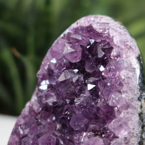 Close-up view of a Uruguay Amethyst Mini Geode, showcasing deep violet crystals with intense sparkle, unique piece NR 32.