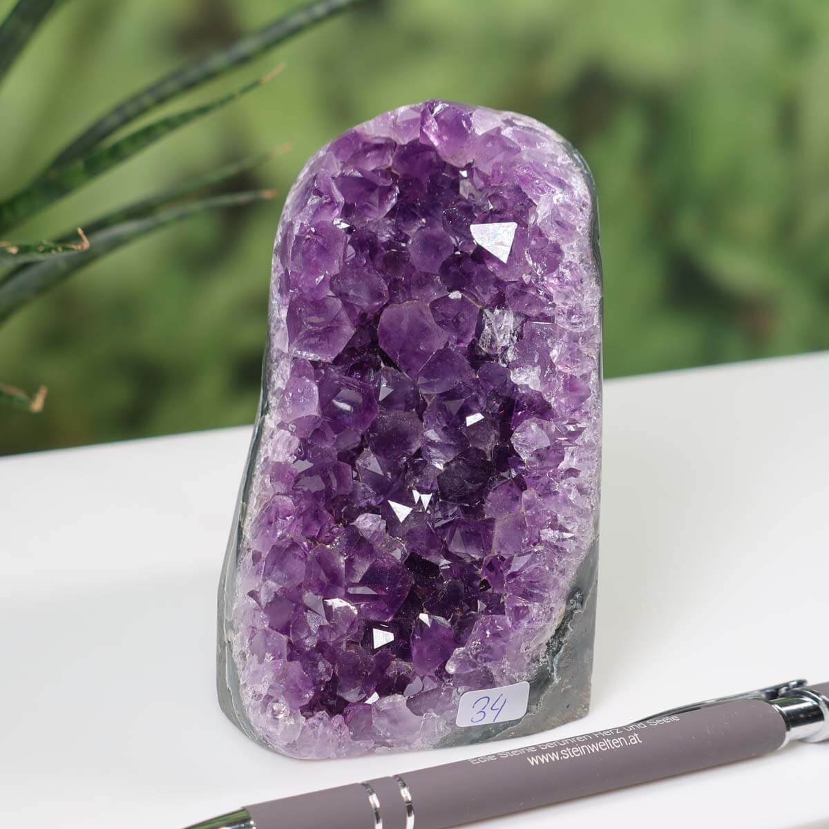 Uruguay Amethyst mini geode number 34 with intense violet crystals displayed beside a pen on a desk, natural green plant background.