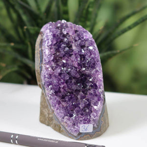 Intensely colored Uruguay Amethyst Mini Geode with deep violet crystals, unique specimen number 36 on display.