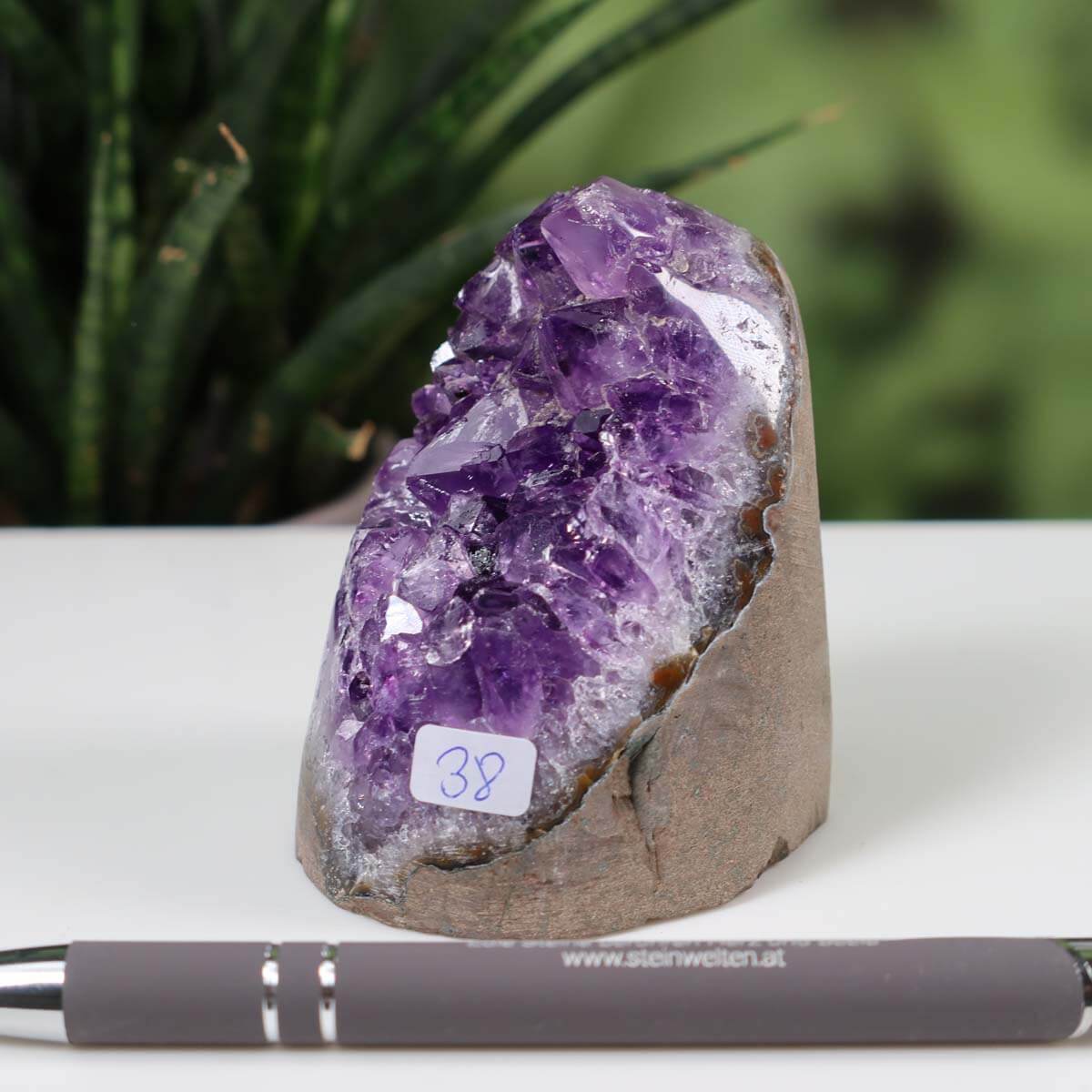 Uruguay Amethyst Mini Geode with deep purple crystals, labeled number 38, displayed beside a pen for scale.