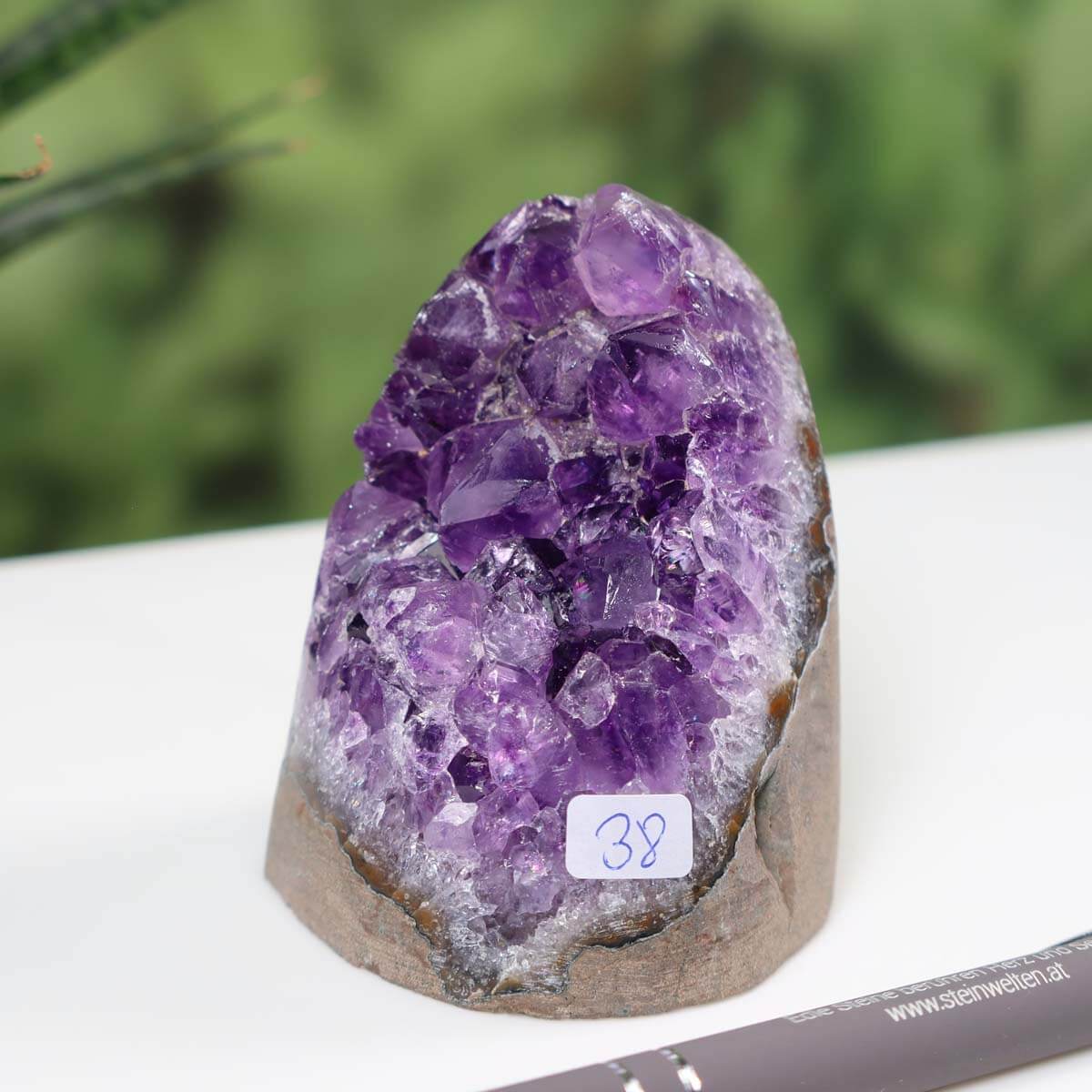 Uruguay Amethyst Mini Geode with deep purple crystals, labeled number 38, displayed beside a pen for scale.