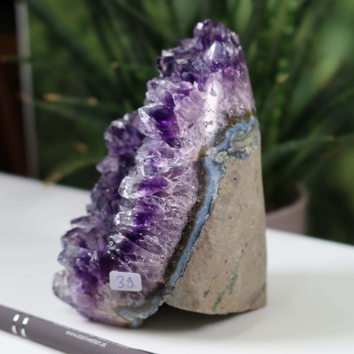 Intense violet Uruguay Amethyst mini geode with natural crystal formations, numbered 39, displayed on a white surface