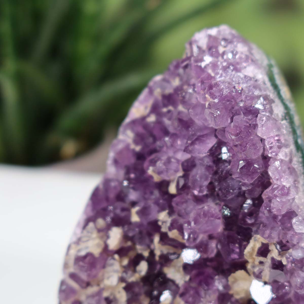 Uruguay Amethyst Mini Geode with intense purple crystals and deep green outer layer, labeled "Unikat NR 3" on white surface with pen for scale.