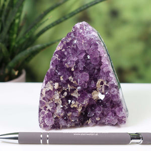 Intense purple Uruguay Amethyst mini geode with highly regular crystals displayed on a white surface with green foliage in the background.