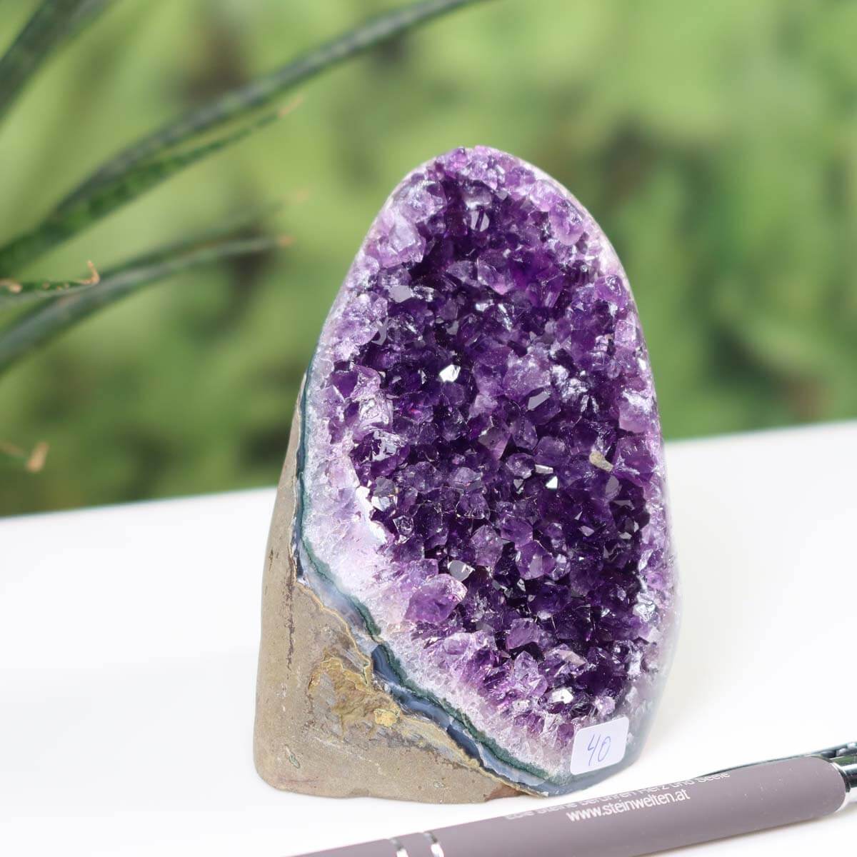 Uruguay Amethyst mini geode number 40 with intensely dark purple crystals on display, labeled clearly, beside a pen for scale.