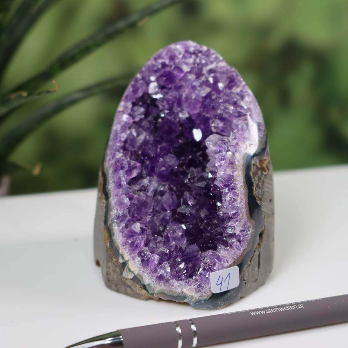 Uruguay Amethyst Mini Geode with intense violet crystals and number 41 on a table, pen for scale