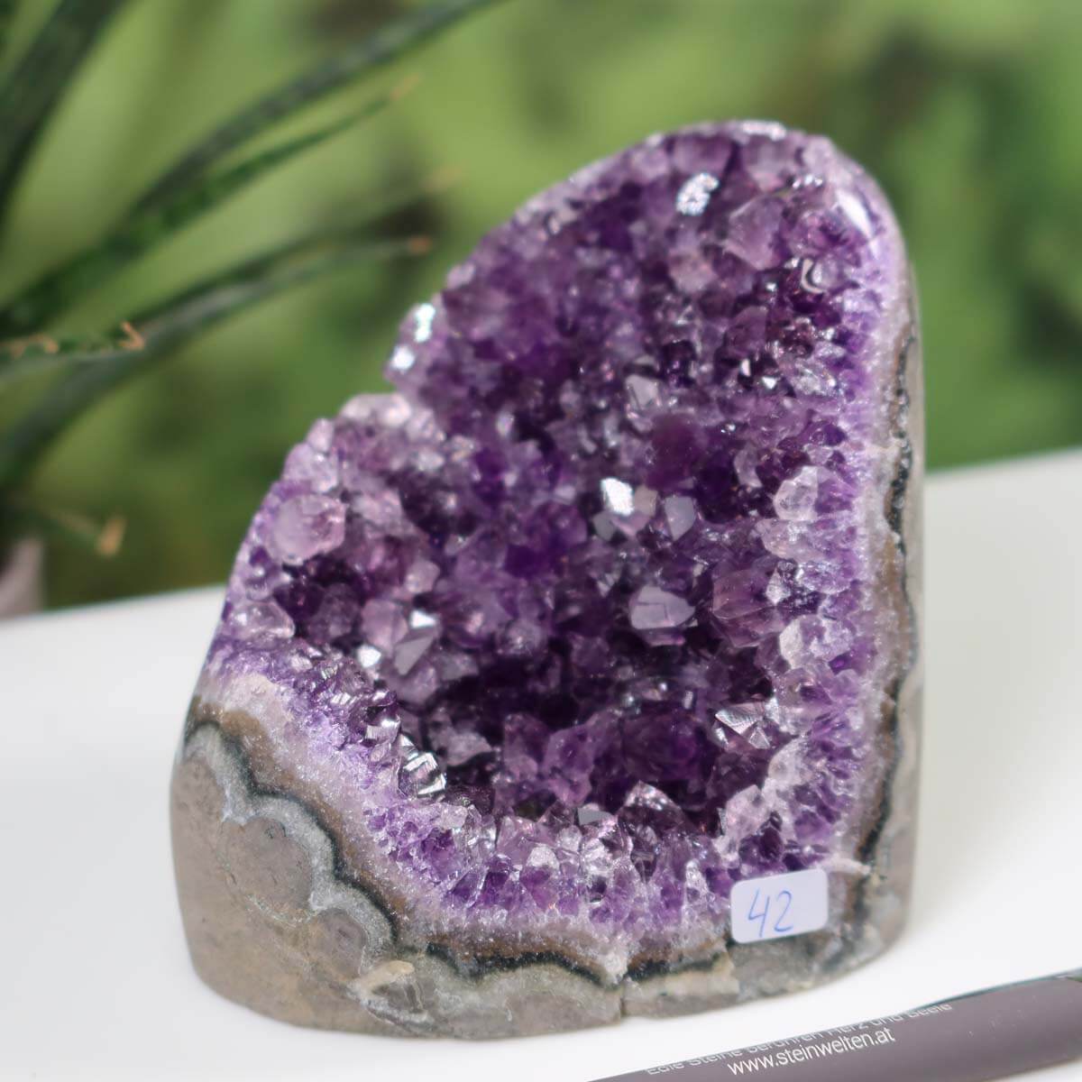 Uruguay Amethyst mini geode, intense purple crystals, displayed with pen for scale, item number 42