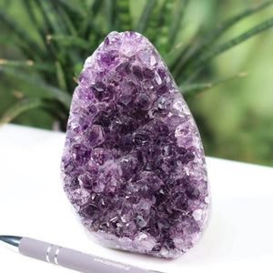 Uruguay Amethyst Mini Geode with intense purple crystals on display, unique item number 8, vivid and sparkling.