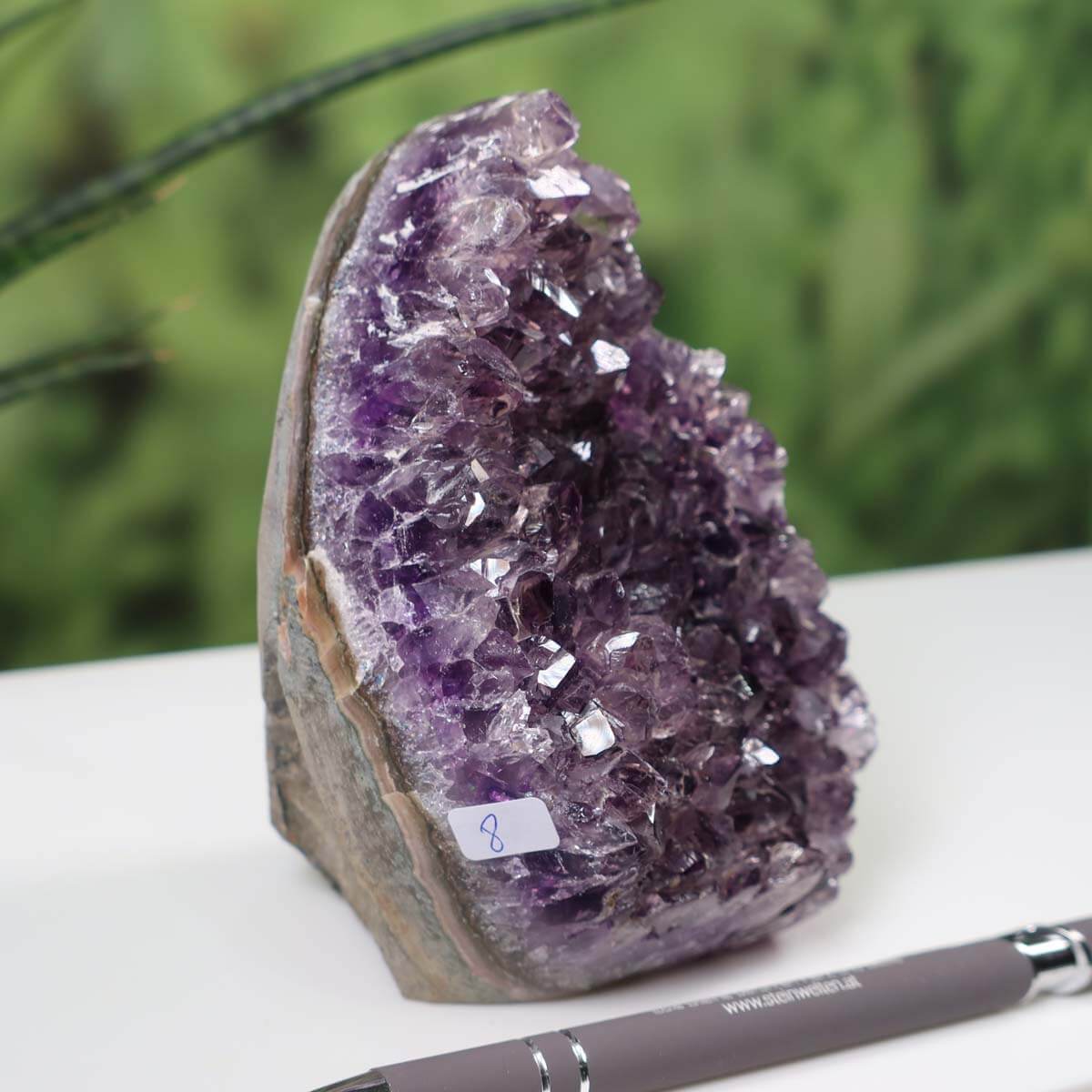 Dark, vivid violet Uruguay Amethyst mini geode, labeled "Unikat NR 8", displayed on a white surface, showing natural crystal formations.