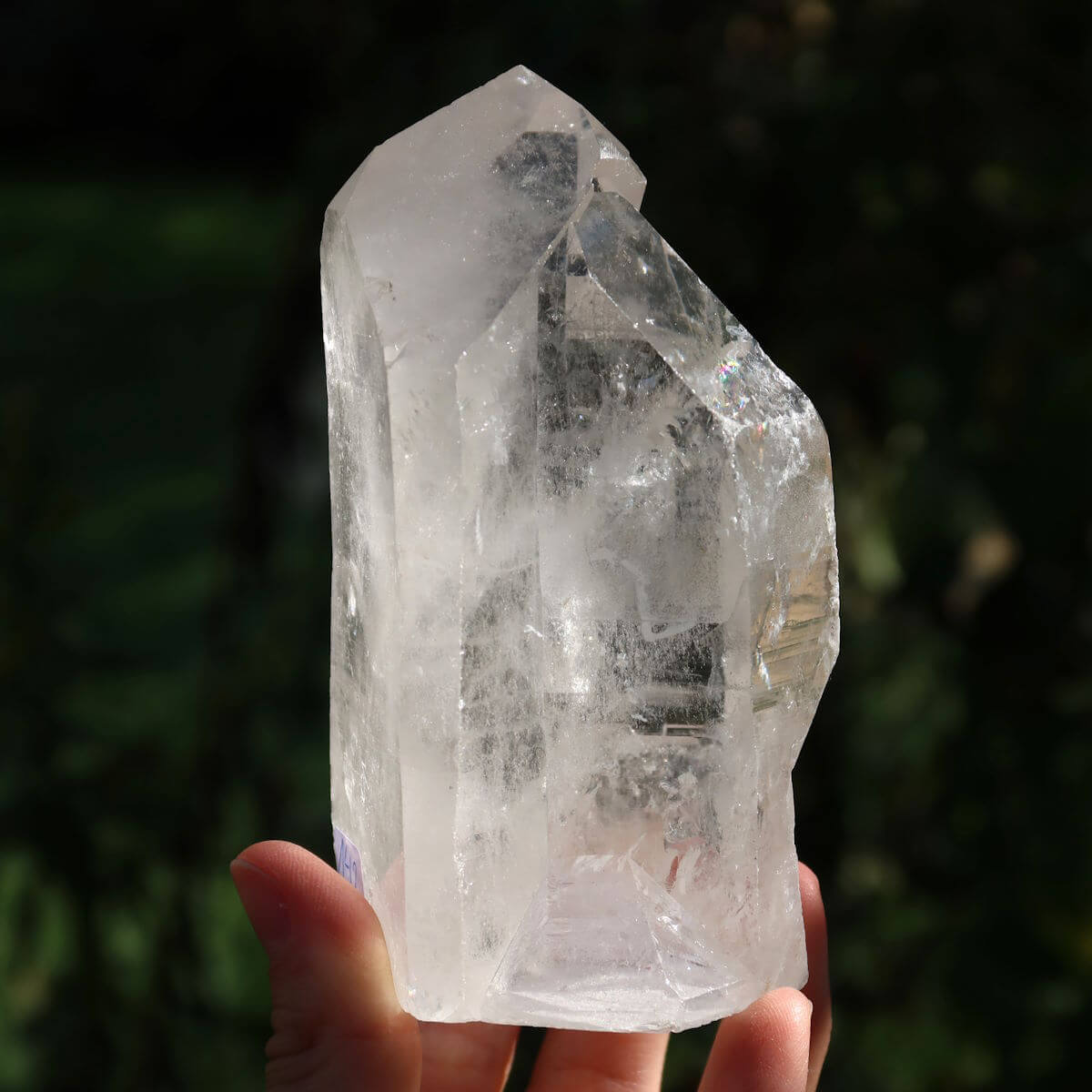 Hand holding a polished quartz crystal point from Brazil, ideal for clarity and meditation, displaying natural sparkle and faceted sides.