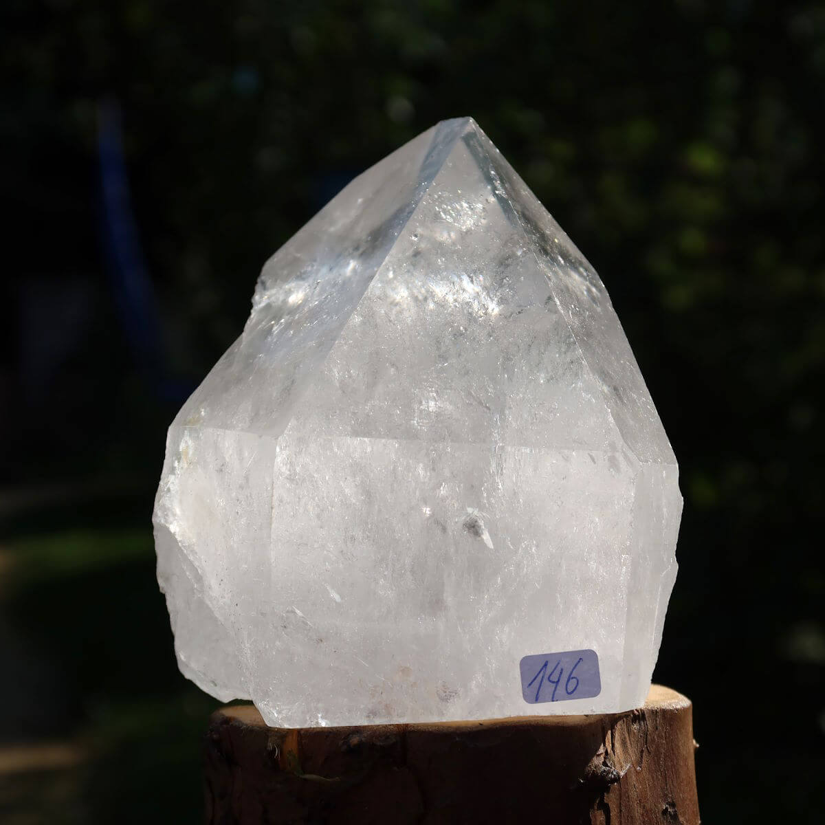 Close-up of a Brazilian quartz crystal point with a polished finish on a wooden base, labeled 146, ideal for clarity and meditation.