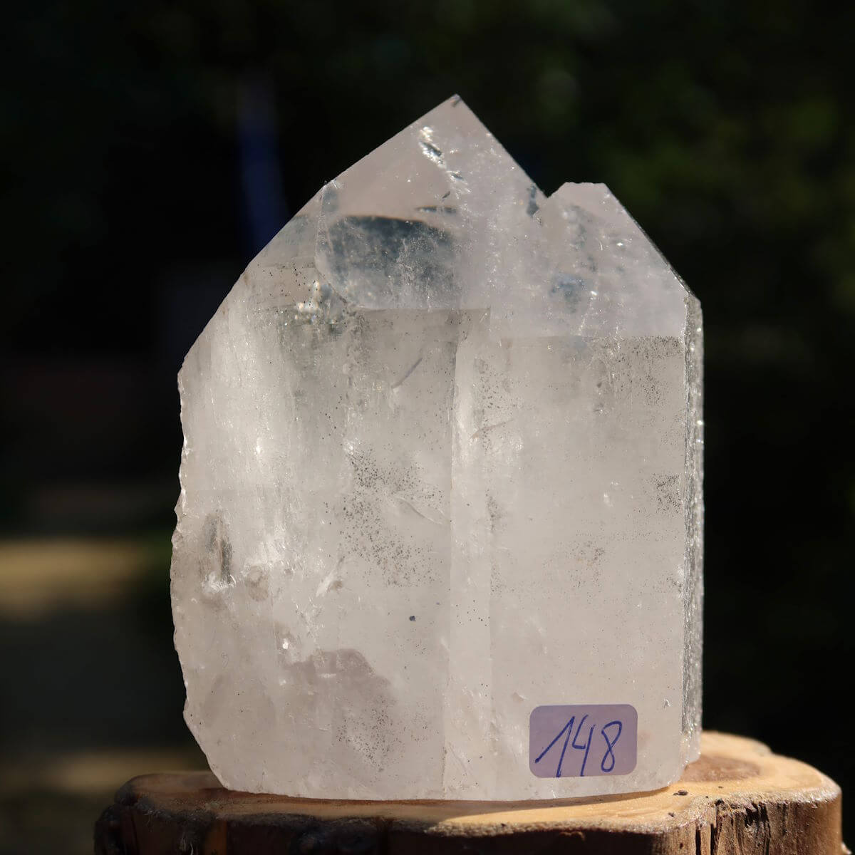 Hand holding polished clear quartz crystal point with facets, identified as Unikat Nr. 148, against a blurred natural background.