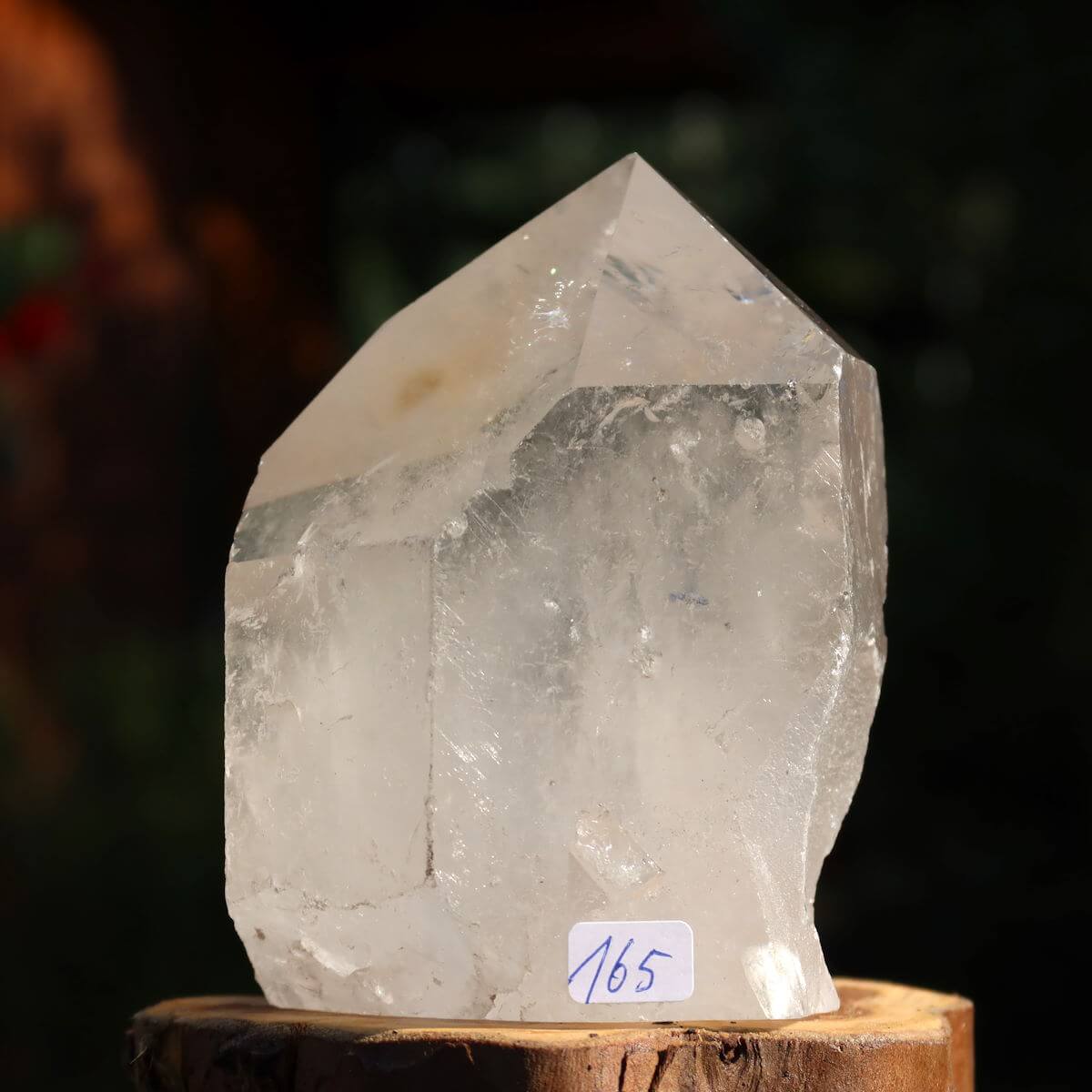 Clear quartz crystal point from Brazil, standing on a wooden surface, labeled with number 165.