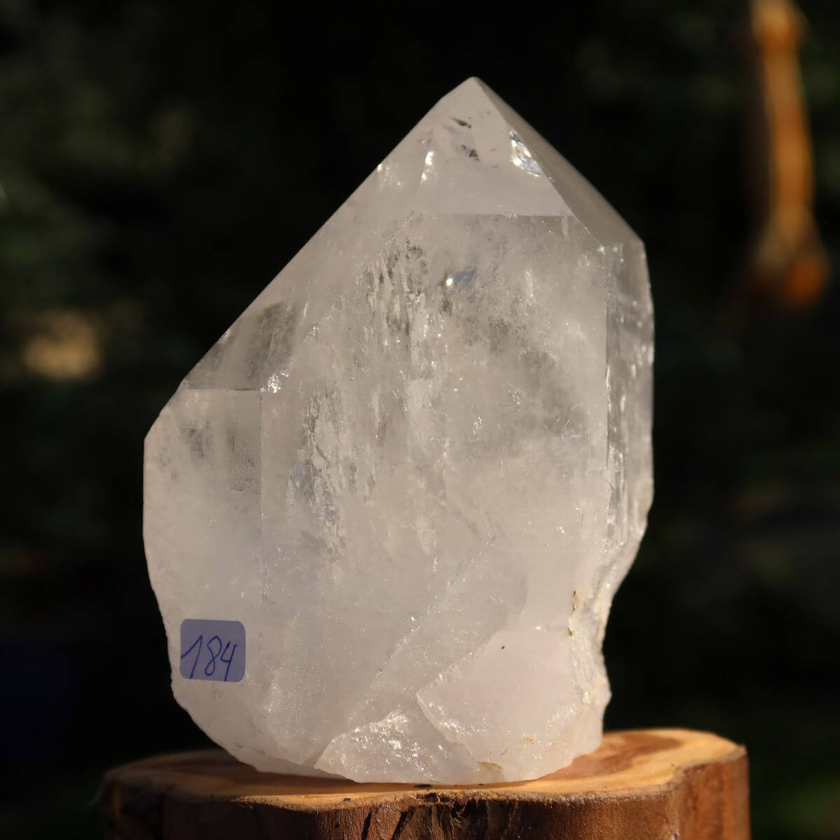 Hand holding polished Brazilian quartz crystal point, Unikat Nr. 184, for clarity and meditation, natural appearance, 10x8 cm.