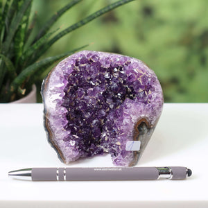 Intense purple Uruguay amethyst mini geode displayed next to a pen for size comparison on a table with a green plant in the background.