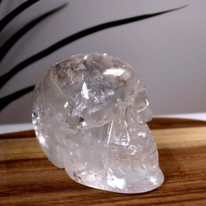 Handcrafted quartz crystal skull on wooden surface with blurred plant in background