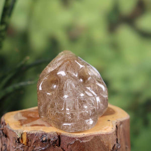 Handcrafted Rutilated Quartz Crystal Skull on wooden stump, unique gemstone collectible from mineral and gemstone worlds.